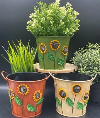 3 Metal Sunflower Potted Plant Pots Buckets Pails Applied Flowers Stems Leaves - Image 1 of 2