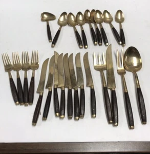 Brass & Wood Vintage Mid-Century Modern Silverware Flatware Gold Color Set of 25 - Picture 1 of 8