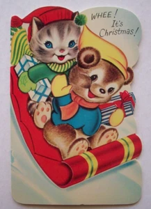 Kitten cat & bear sled tobaggon sledding vintage Christmas greeting card *TT19 - Picture 1 of 3