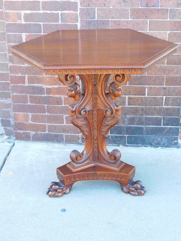 Victorian Antique Walnut carved nude Lady motif claw footed parlor table Cover