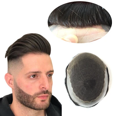 Pieza de cabello de encaje francés de reemplazo de cabello humano Toupee para hombre Q6#1B 6X8 Foto 1 de 4