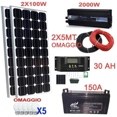 Kit Fotovoltaico 2 KW Pwm Inverter 2000W Pannello Solare 200W Batteria 150 Amp - Immagine 1 di 4
