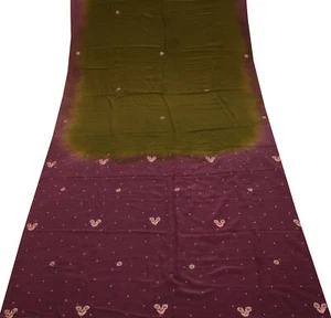 Sushila Vintage Green Sari Remnant Scrap Pure Crepe Hand Beaded Craft Fabric - Picture 1 of 7