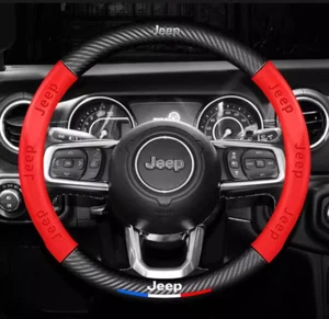 15" PU Leather+Carbon fiber Steering Wheel Cover For 1943-2025 jeep All Cars - Picture 1 of 9