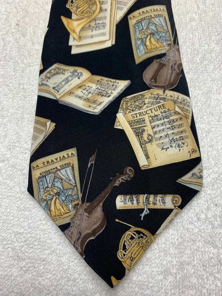 ESTRUCTURA CORBATA HOMBRE NEGRA CON CUERNOS FRANCESES Y VIOLINES 4 X 59 Foto 1 de 4