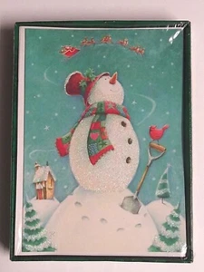 Glitzer Schneemann & Santa Schlitten Merry Brite Weihnachtskarten (Box von 20) 2004 NEU - Bild 1 von 3