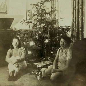 Two Women Sitting By Christmas Tree Presents B&W Photograph Snapshot 2.75 x 4.5 - Picture 1 of 3