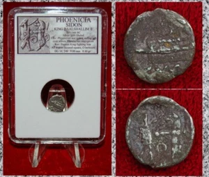 Antike Münze PHOENIZIEN Sidon Galeere König kämpfender Löwe Silber 1/16 Schekel  - Bild 1 von 4
