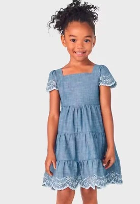 Girls Eyelet Chambray Tiered Dress - Prairie Fields - Denim - Image 1 of 4