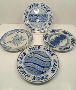 Blau-weiße Steinzeug Salat/Dessertteller Foral handbemalt 4er Set - Bild 1 von 8