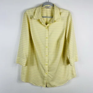 Coldwater Creek XL 16 gestreift bügelfrei 3/4 Arm Knopf Shirt Oberteil gelb hellbraun - Bild 1 von 4