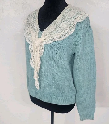 Suéter de punto azul Charter Club by Jane Justin de colección cuello de encaje para mujer talla M Foto 1 de 4