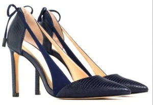Zara Navy Blue Cutout Leather And Suede Pointed Pumps Heels EU Size 37 - Picture 1 of 12