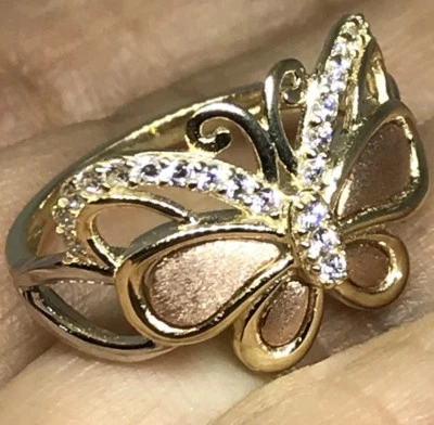 GOLd BuTtErFlY Ring solid 14k tri yellow white rose cz gift size 7 ask 5 6 8 9 - Image 1 of 4