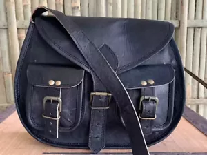 Bolso de montar vintage real cuero de cabra genuino negro hombro 13 grande - Imagen 1 de 5
