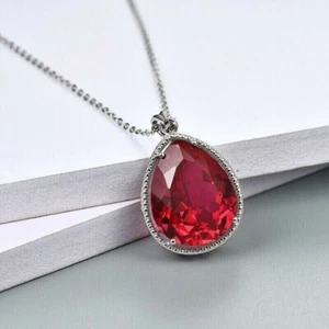 3Ct Pear Cut Simulated Red Ruby Women's Fancy Pendant Gift 14K White Gold Plated - Picture 1 of 4