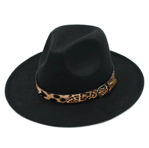 Women Wool Blend Panama Hat Felt Fedora Caps Wide Brim Sexy Leopard Leather Band - Picture 1 of 29