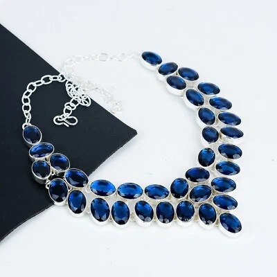 Collana In Argento Sterling 925 Con Gemma In Zaffiro Blu Creato In Laboratorio - Immagine 1 di 4