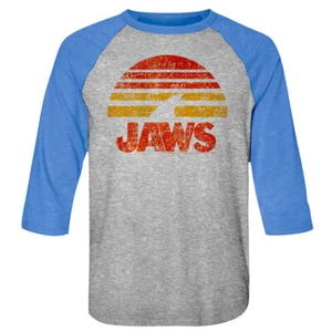 Jaws 70's Thriller Movie Vintage Shark Fin In Sunset Men's Raglan T Shirt - Picture 1 of 5