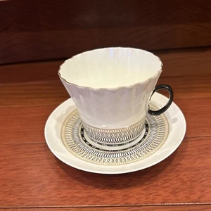 Vintage Lomonosov Porcelain Black Gold White Cup And Saucer USSR Beautiful EUC - Picture 1 of 13