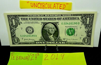 One Dollar Birthday Note February 24 2019. Uncirculated Fancy  Serial Number $1 - Image 1 of 4