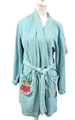 Nick & Nora Holiday Cotton Baby Blue Inner Back Owl Housecoat/Robe Beach Sz S/M - Image 1 of 4