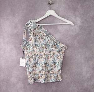 Anthropologie Japna Shirt Womens Extra Large Beige Blue One Shoulder Crop Ladies - Picture 1 of 7