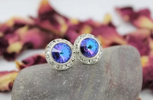 Blue Crystal Silver Stud Earrings Premium Crystals in Bermuda Blue - Picture 1 of 3