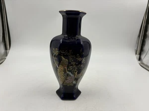 Vintage Toyo japanische 8" große Vase kobaltblau Paar Pfauen handbemalt - Bild 1 von 4