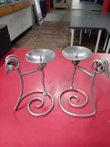 Gothic Steampunk RAMS HEAD METAL CANDLE STICKS .Heavy Pair 8" High - Picture 1 of 3