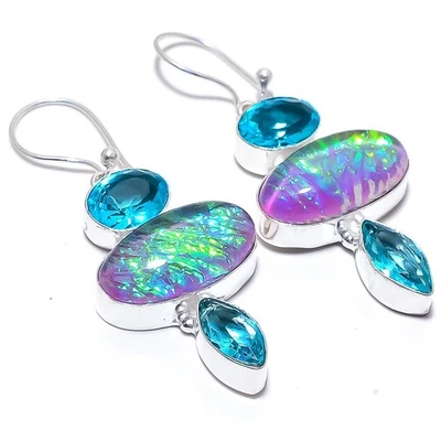 Triplet Fire Opal, Blue Topaz Gemstone 925 Sterling Silver Jewelry Earring 2.0" - Image 1 of 4