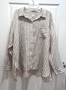 J JILL Love Linen Button Up Shirt Womens 2X Beige White Striped Long Sleeve NWT - Picture 1 of 8