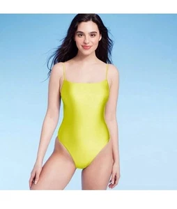 Square Neck High Leg Cheeky A Piece Swimsuit Shade & Shore Lime Green Shine M - Picture 1 of 11