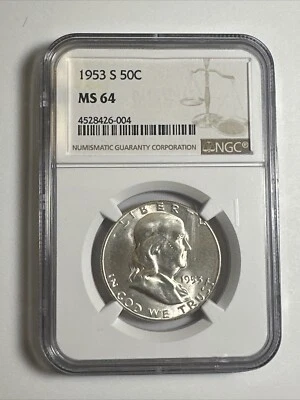Uncirculated 1953-S San Francisco Mint Silver Franklin Half NGC MS 64 #57190 - Image 1 of 4