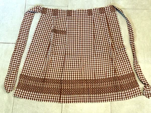 Vintage Brown Checked Hand Stitched Half Apron Waist Pleated 21" x 26" Pocket - Picture 1 of 8