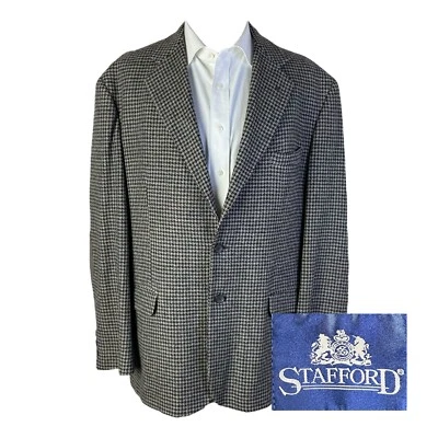Stafford Gray Black Houndstooth Lambswool Tweed Elbow Patches Blazer Mens 46R - Image 1 of 4