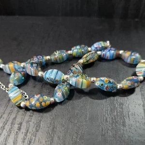 Vintage 925 Sterling Silver Blue Floral Millefiori Glass Bead 16-19" Necklace - Picture 1 of 6