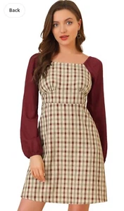 Allegra K Women's Long Sleeve Square Neck Cute Party A-line Plaid Dress Size Sml - Picture 1 of 6