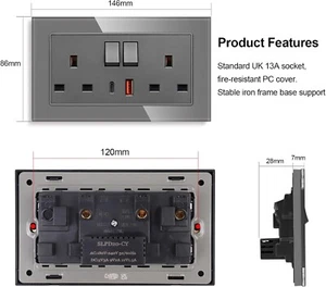 3 Pack CNBINGO USB Fast Charging with Glass Double Switched Socket, 20W Type-C - Picture 1 of 6