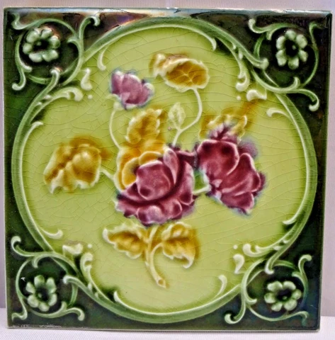 Antique Tile Majolica England Ceramic Rose Flower Purple Green Architecture "113 Cover