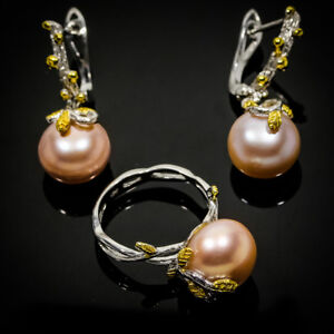 One of a kind Natural Pearl 14mm. 925 Sterling Silver Ring-Earrings / RVSS04