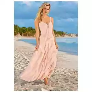 Venus Lace Up Ruffle Maxi Cotton Dress Peach Size M NWT - Picture 1 of 16