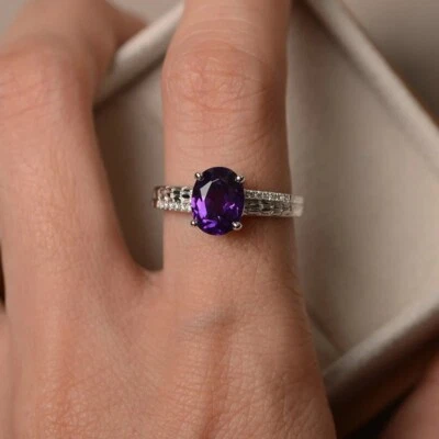 Purple Amethyst Women Ring Natural Oval Cut Gemstone 925 Sterling Silver Ring - Image 1 of 4