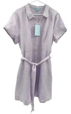 Hill House The Laura Dress Linen Lilac Purple Stripe Belted Pockets Size Large - Image 1 of 4