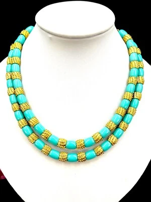 PERFECT SUMMER CROWN TRIFARI ACRYLIC TURQUOISE BEAD GOLD-TONE 2 STRAND NECKLACE - Image 1 of 4