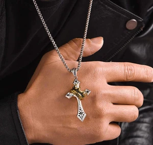 Crown Cross Necklace,Personalized Copper Cross Necklace with Crown,Silver Cross - Picture 1 of 12