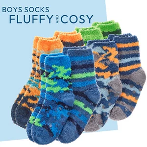 Boys 2 Pairs Fluffy Bed Slipper Socks Non Slip Camo Striped 6-8.5 9-12 12.5-3.5 - Picture 1 of 27