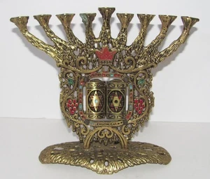 Vintage Brass Hanukah Menorah Brass w/ 10 Commandments made by Wainberg, Israel - Picture 1 of 8