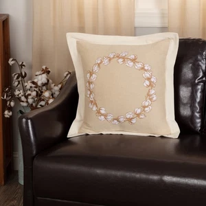Ashmont Cotton Wreath Pillow 18x18 Country Embroidery Button Tan White Golden - Picture 1 of 5