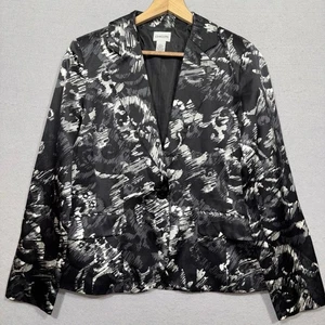 Chico’s Silk Blend Black Blazer Sz 1 M Jacket Artsy Statement Black White Luxe - Picture 1 of 8